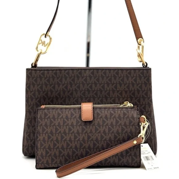 Michael Kors Trisha MD Triple Compartment Bag & Double Zip Wallet Set Brown - Picture 5 of 13